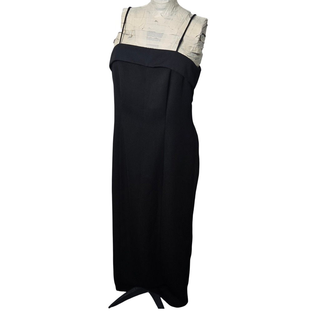 Vintage 90s ANNA Black Maxi Sheath Dress Spaghetti Strap Foldover USA Made M